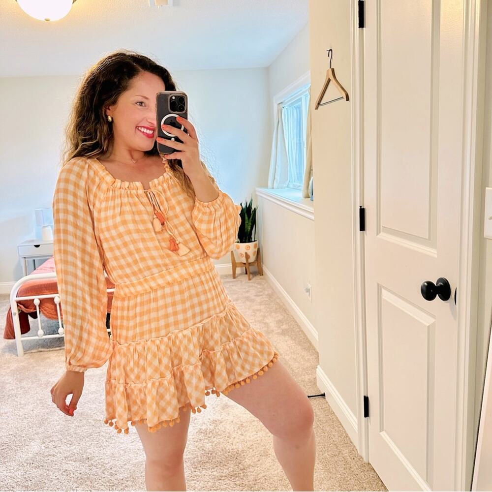 NWT Tuckernuck Playa Lucila Orange Plaid Mini Pom Pom Dress Small